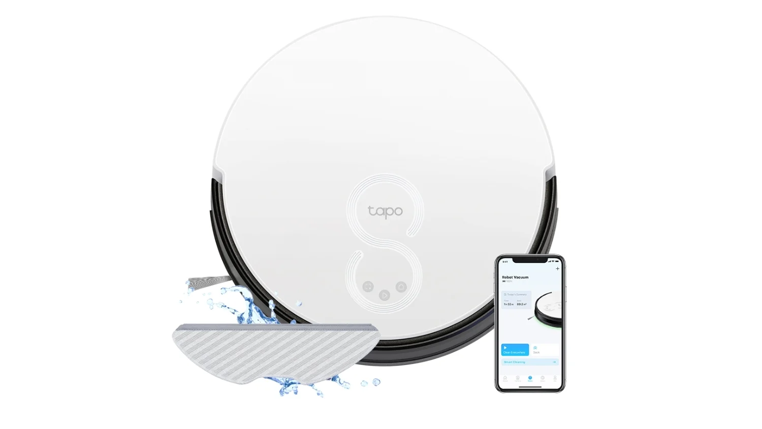 Marketing image (on white background) of a TP-Link robot vacuum / mop. The vacuum is at center with splashing water on the left and the smartphone app on the right.