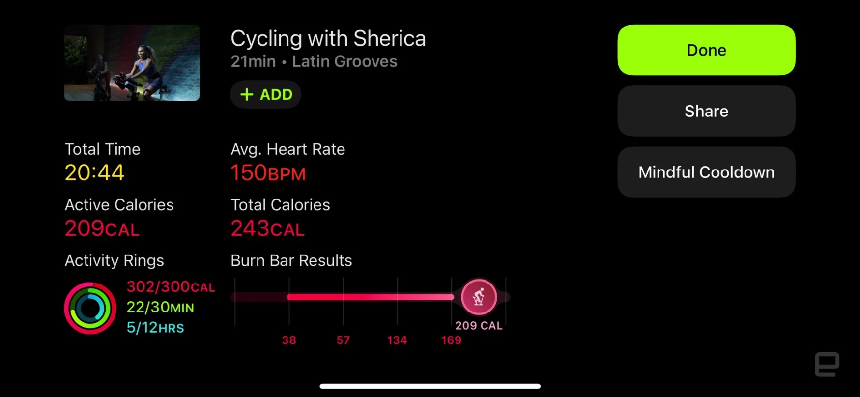 Apple Fitness+ cycling workout summary
