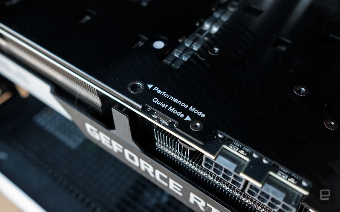 Closeup of the ASUS Dual RTX 3070's hardware BIOS switch 