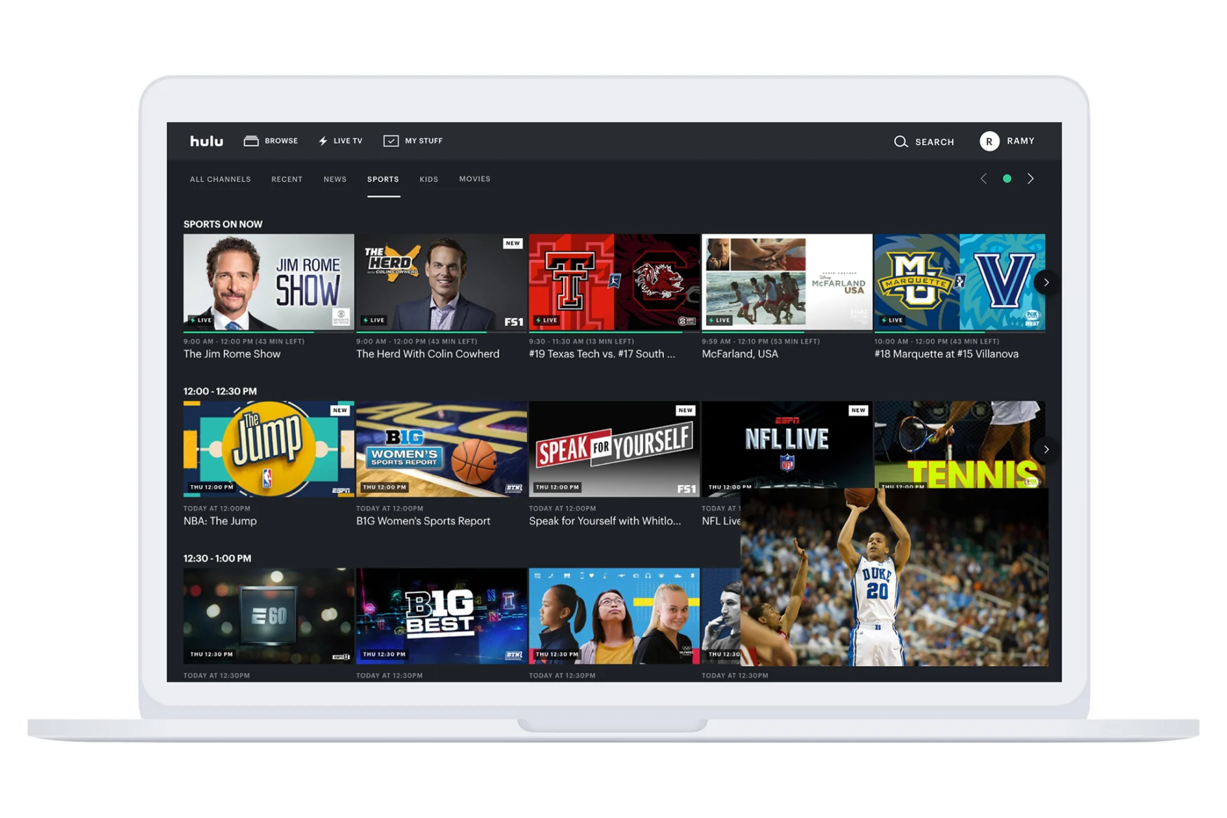 Hulu Live Guide featuring sports