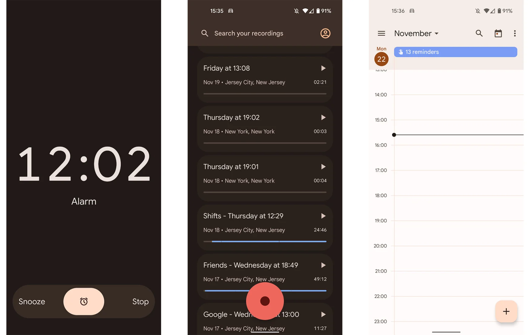 Three screenshots showing apps that make use of the Material You color scheme: Clock, Recorder and Calendar. 