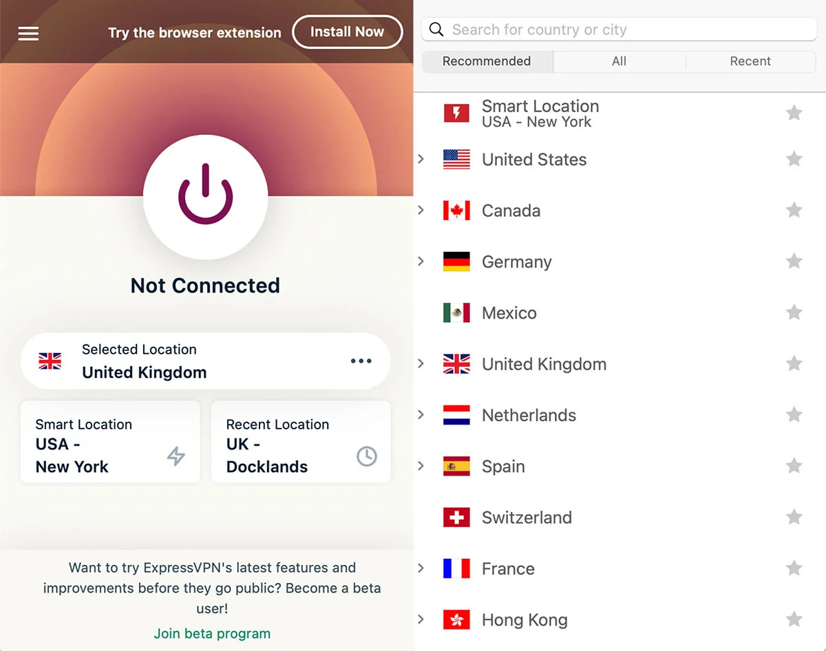 The ExpressVPN app includes a power button to connect to the VPN and recommended locations to get started