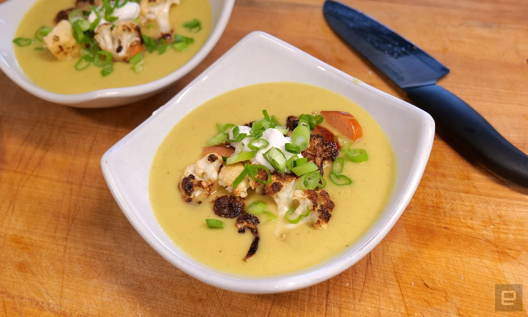 An immersion blender is a very useful kitchen appliance, especially when making creamy soups like this roasted cauliflower chowder. 