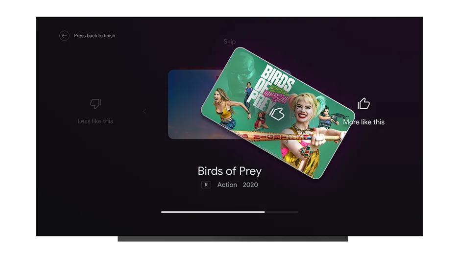 An image showing the new Android TV Tune Your Recommendations feature. The screen shows an off-kilter thumbnail of the movie 