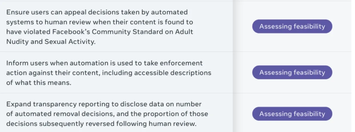 Facebook is less committal around suggestions on how it uses automation in content moderations decisions.
