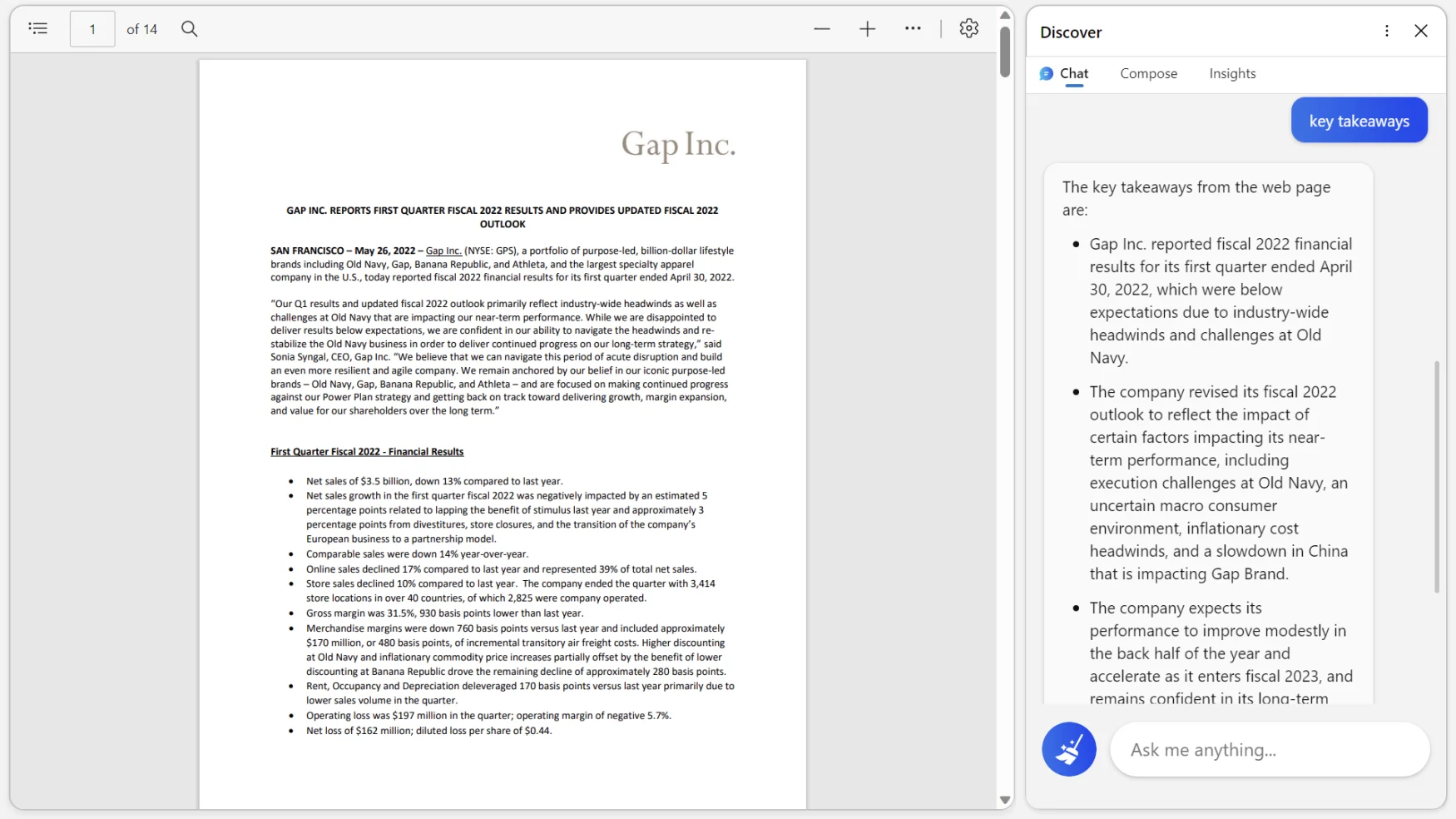 A screenshot of the Edge browser showing Gap Inc's quarterly report on the left pane and a Discover column on the right. In the right section, a conversation shows the first chatter saying 