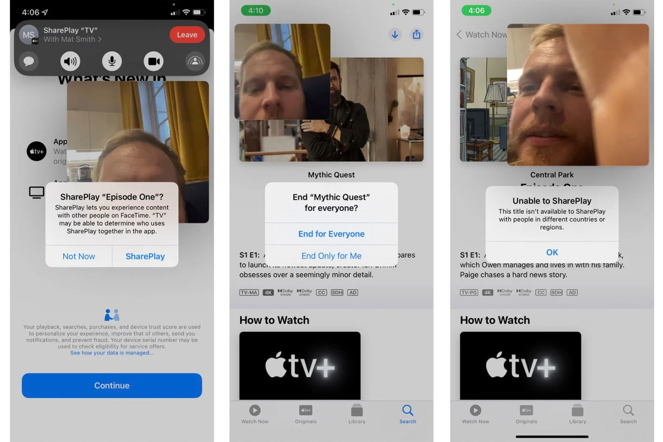 A composite showing three screenshots of FaceTime's SharePlay feature in the iOS 15 beta. 