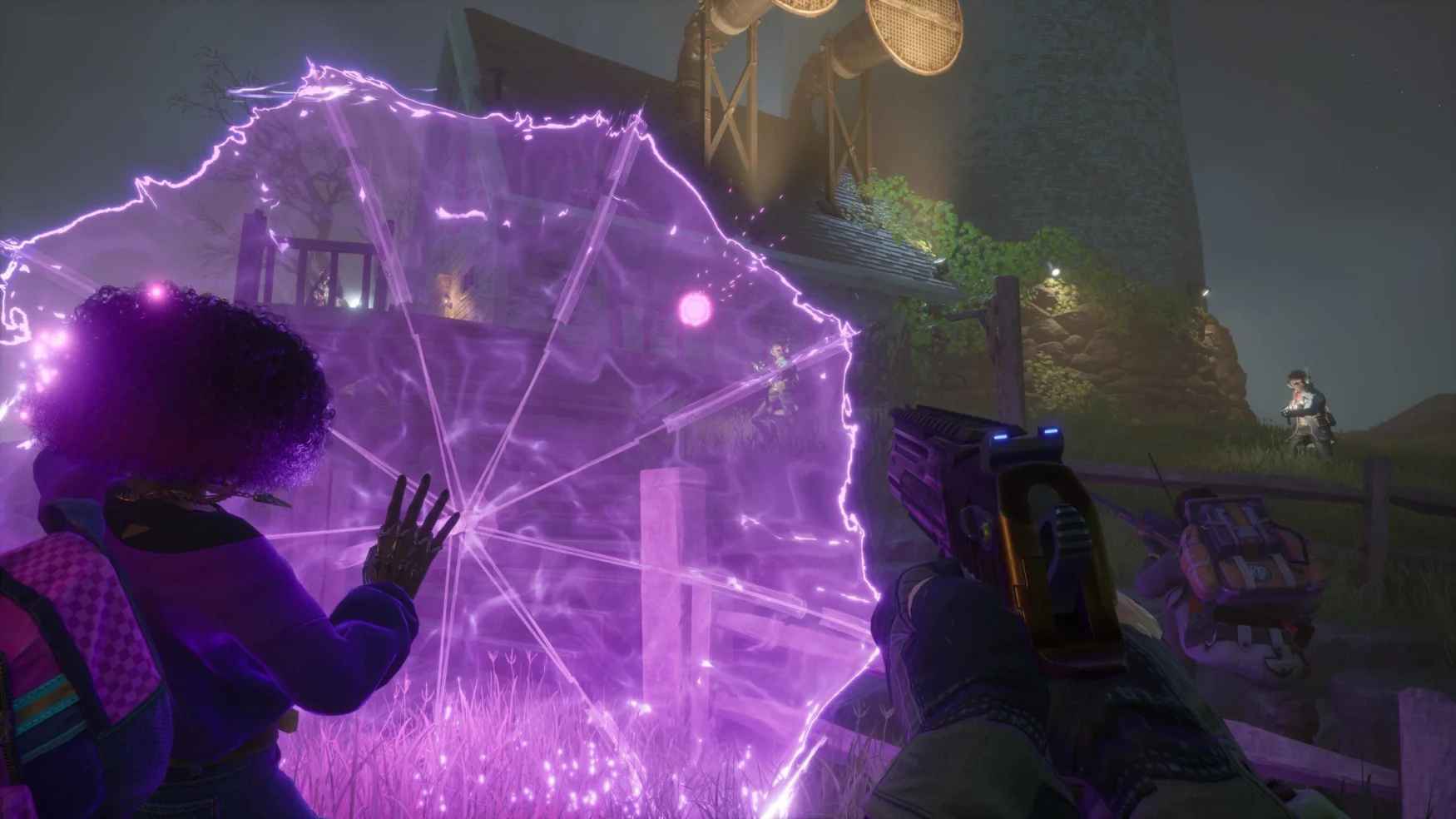 Karakter dengan payung bercahaya ungu di latar depan terlihat sebagai penjaga yang berpatroli di medan dalam game 'Redfall.'