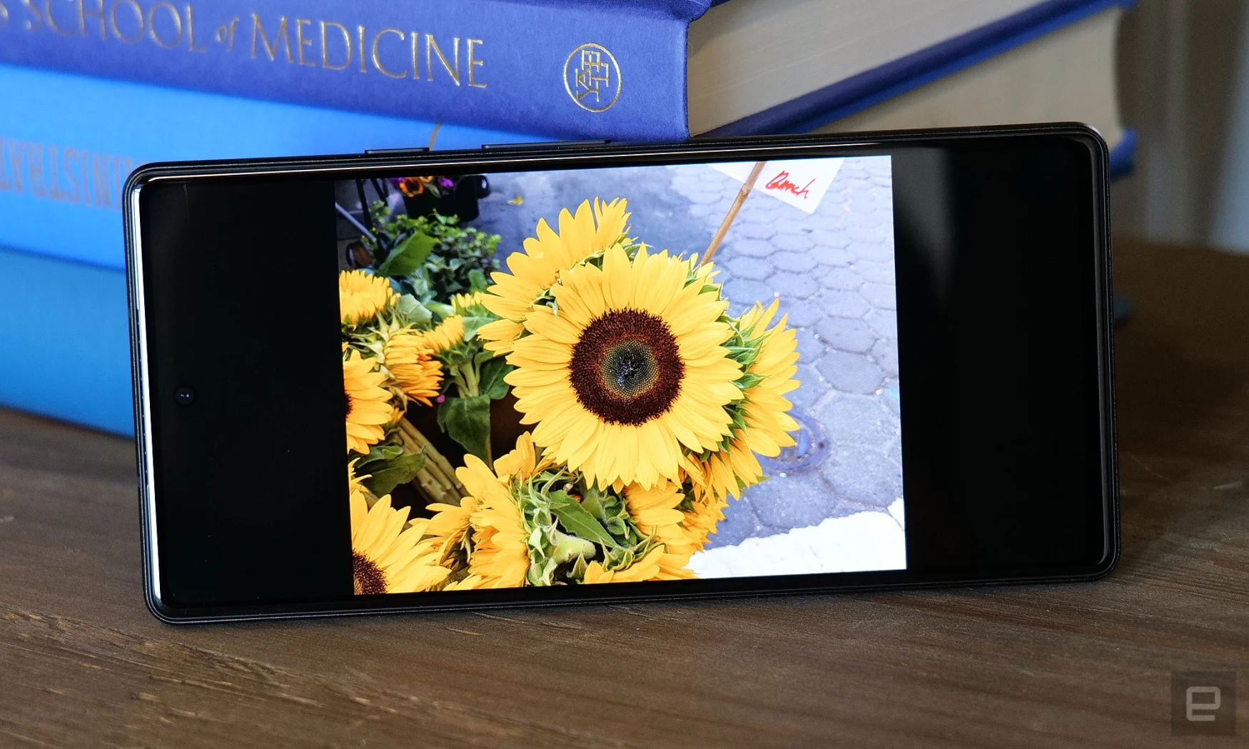 The Pixel 6a leaning against some books with its screen facing the camera. On the display is a photo of a bunch of yellow sunflowers.
