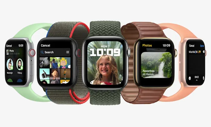 Five Apple Watches showcasing various new watchOS 8 features. From left to right, the features displayed are: Messaging, Photos app, Portrait watch face, Photos app and composing a message.
