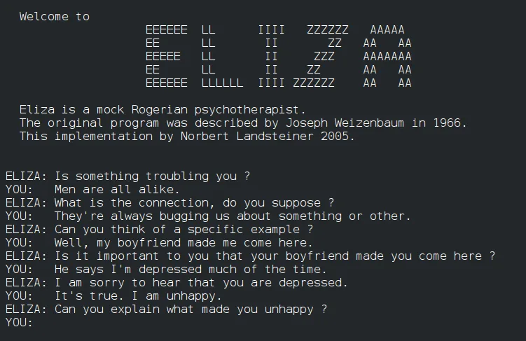 A text-based conversation with the Eliza program talking about depression