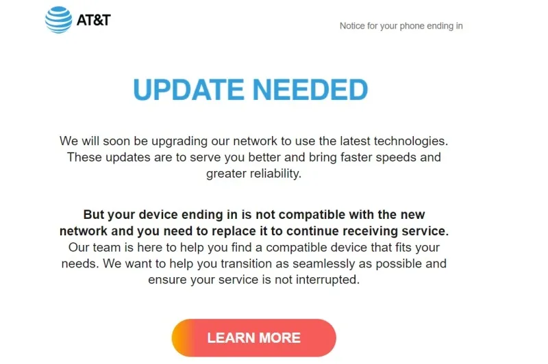 An email from AT&T saying customers need to update their phone.