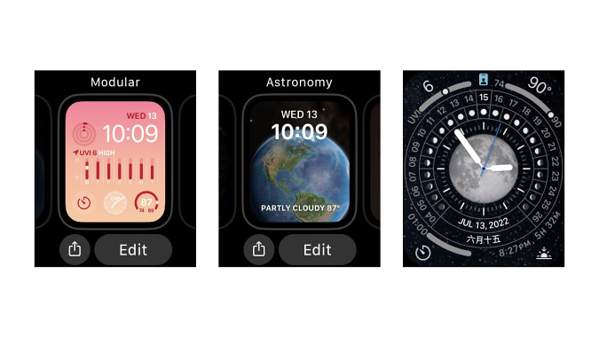Tiga tangkapan layar menunjukkan, dari kiri ke kanan, tampilan jam Modular, Astronomi, dan Lunar baru di watchOS 9 beta.