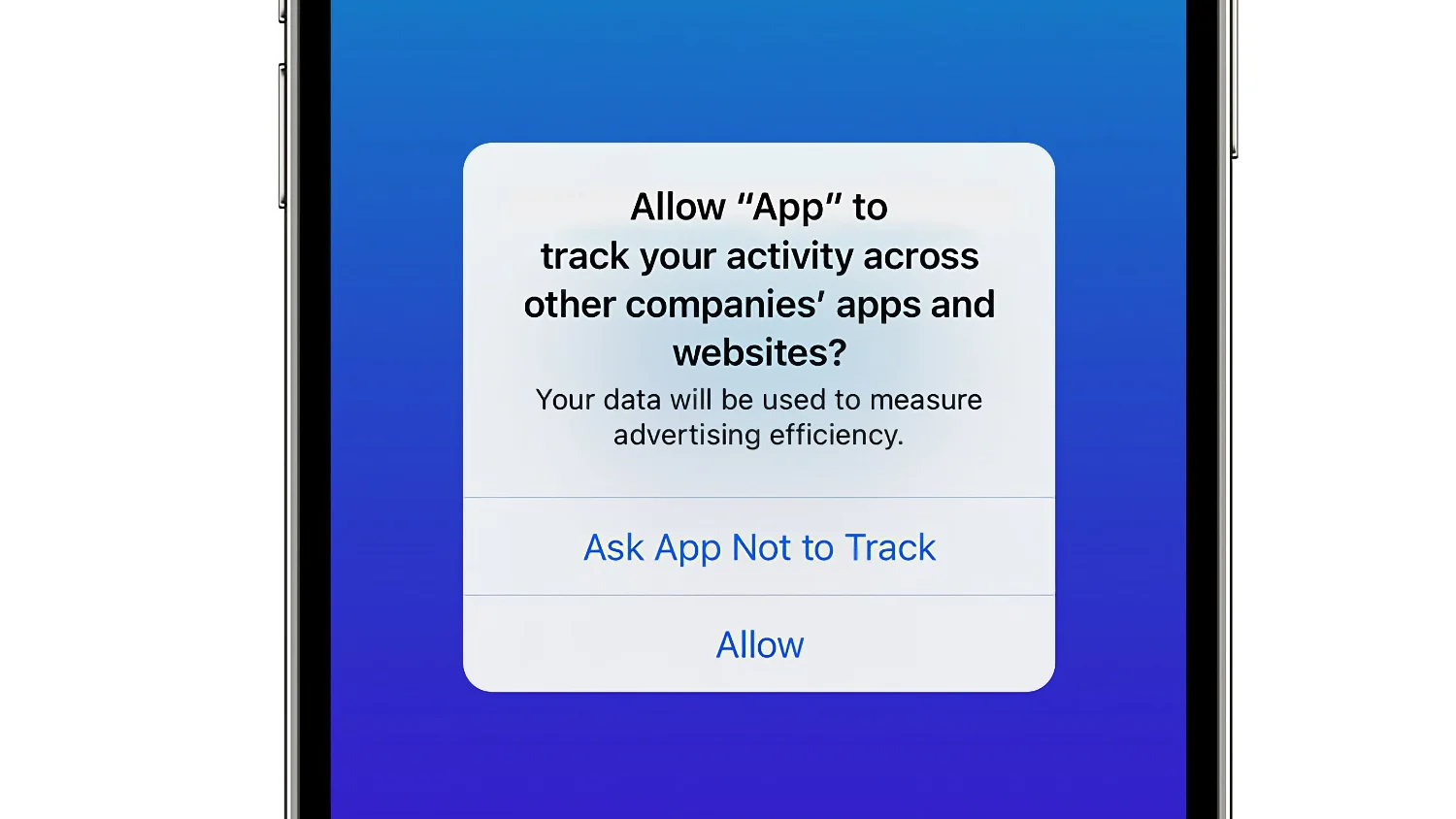 Popup on an iPhone screen, saying, “Allow ‘App’ to track your activity across other companies’ apps and websites?” The choices to respond are “Ask App Not to Track” and “Allow.