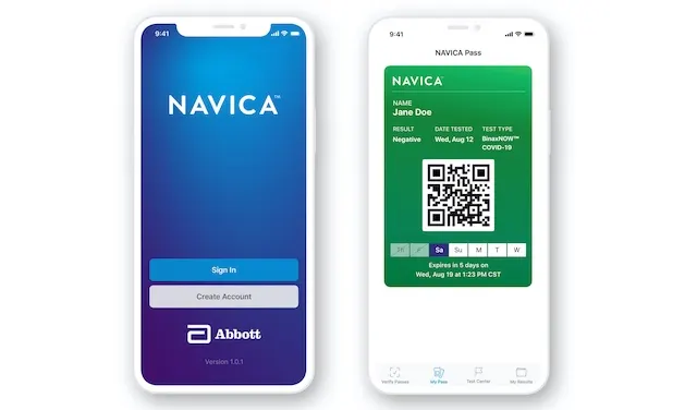 NAVICA is a no-charge complementary phone app, which allows people to display their BinaxNOW test results.