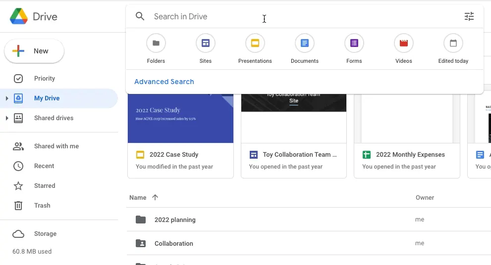 Google Drive search chips