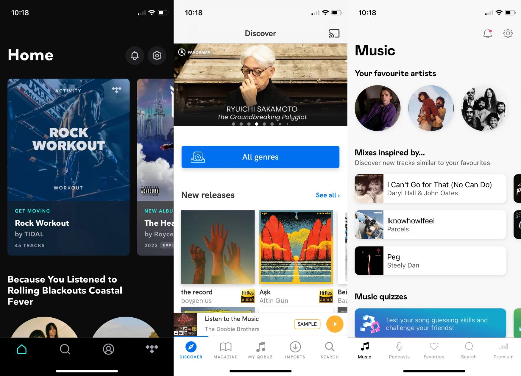A collage of screenshots depicting the iOS apps for the music streaming services Tidal, Qobuz and Deezer, respectively