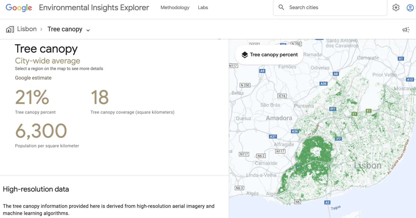 tangkapan layar Google EIE yang menunjukkan cakupan kanopi pohon di seluruh kota di Lisbon Spanyol.