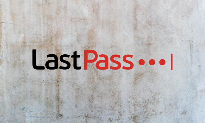 The LastPass logo on a concrete background.