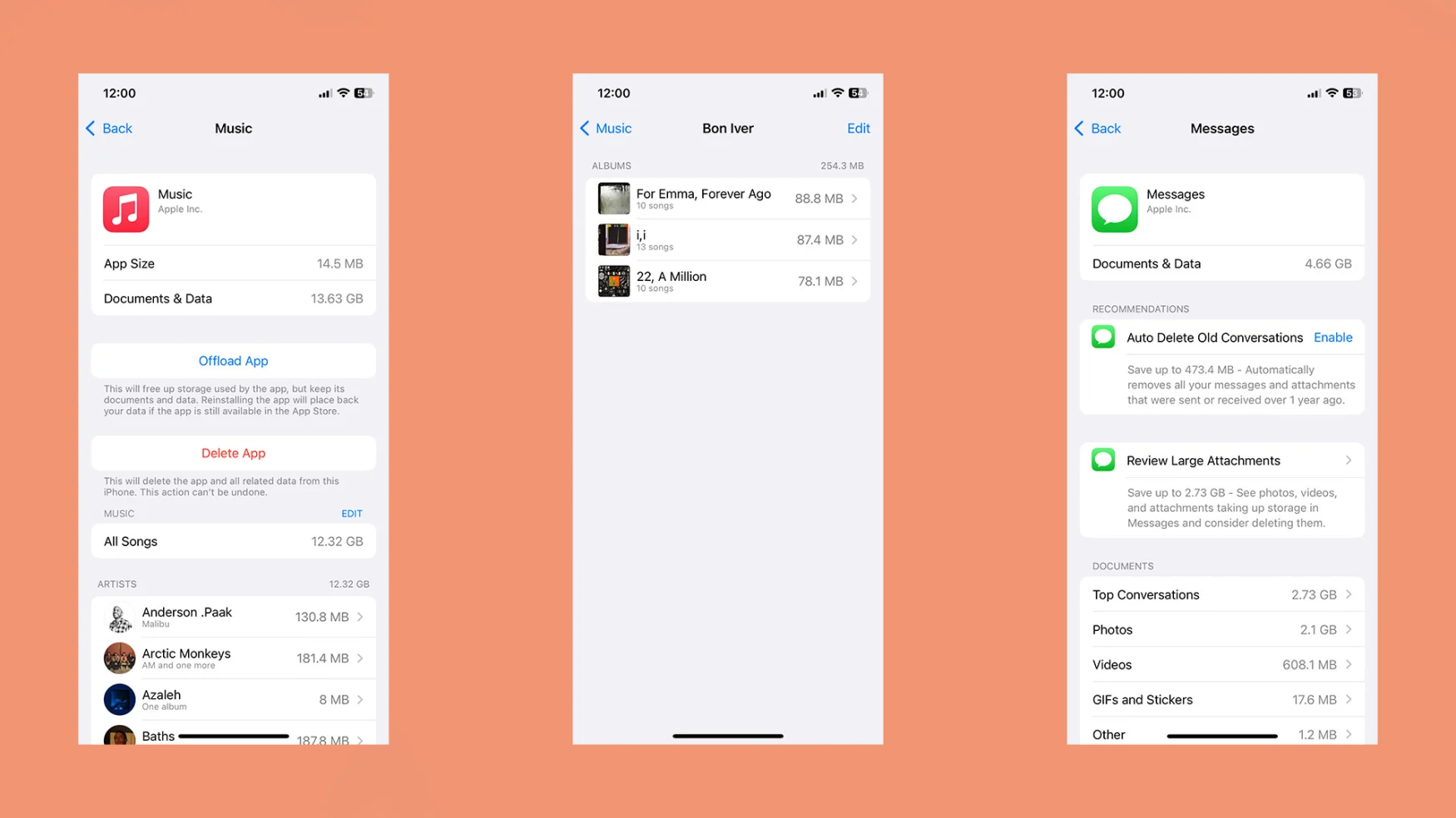 Captures d'écran des sections Apple Music et Messages dans le widget de stockage iPhone. 