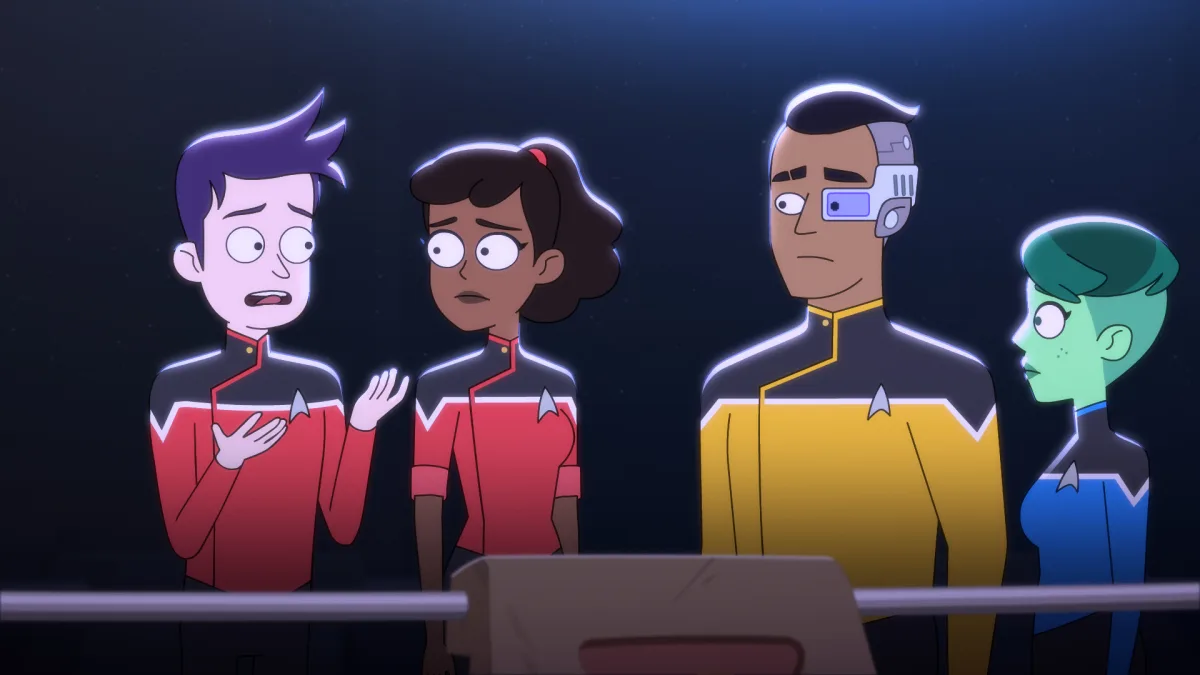 Pictured (L-R): Jack Quaid as Ensign Brad Boimler, Tawny Newsome as Ensign Beckett Mariner, Eugene Cordero as Ensign Rutherford and NoÃ«l Wells as Ensign Tendi of the CBS All Access series STAR TREK: LOWER DECKS.   Photo Cr: Best Possible Screen Grab CBS 2020 CBS Interactive, Inc. All Rights Reserved.