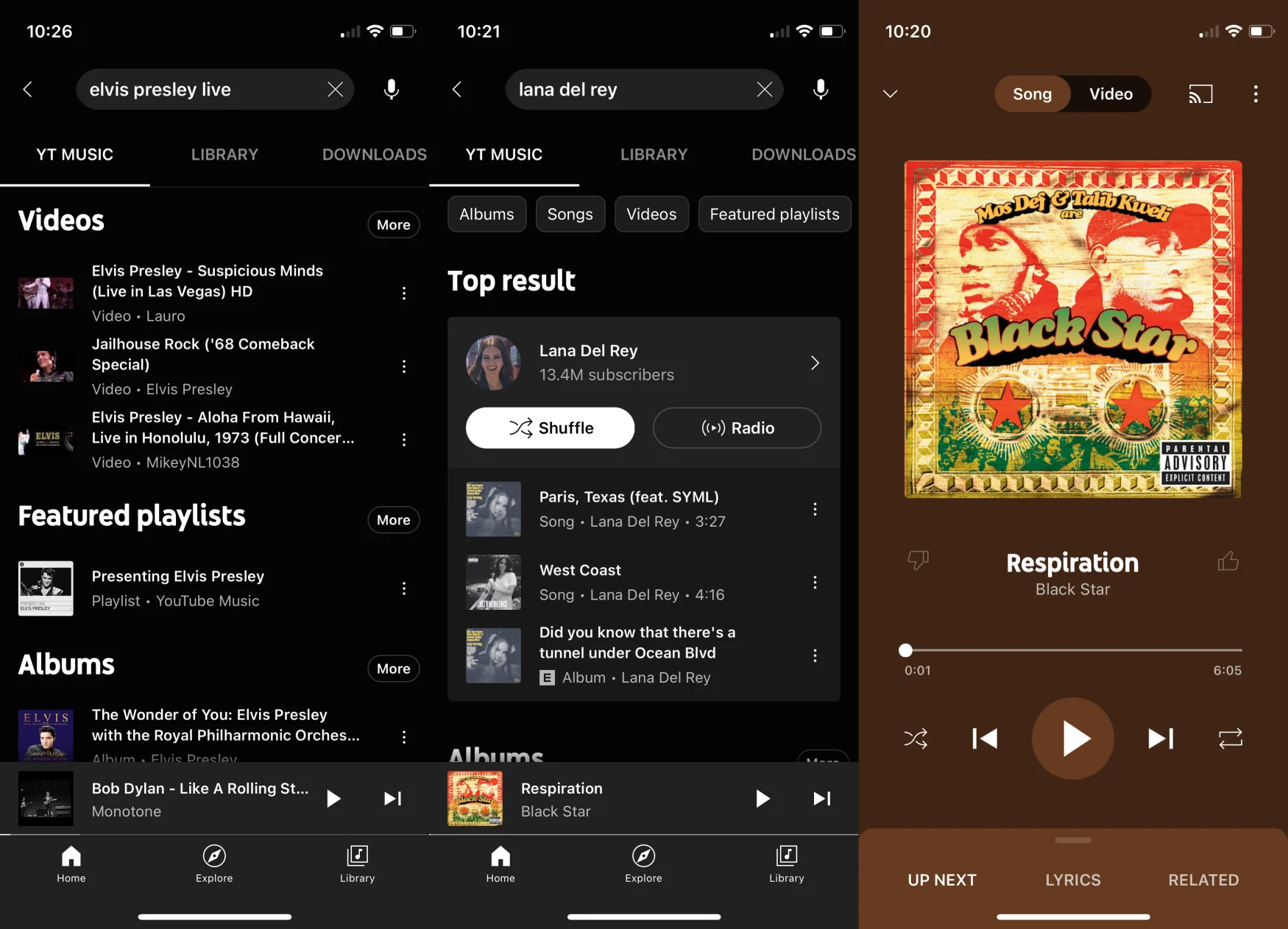 A collage of screenshots depicting the YouTube Music app on iOS.
