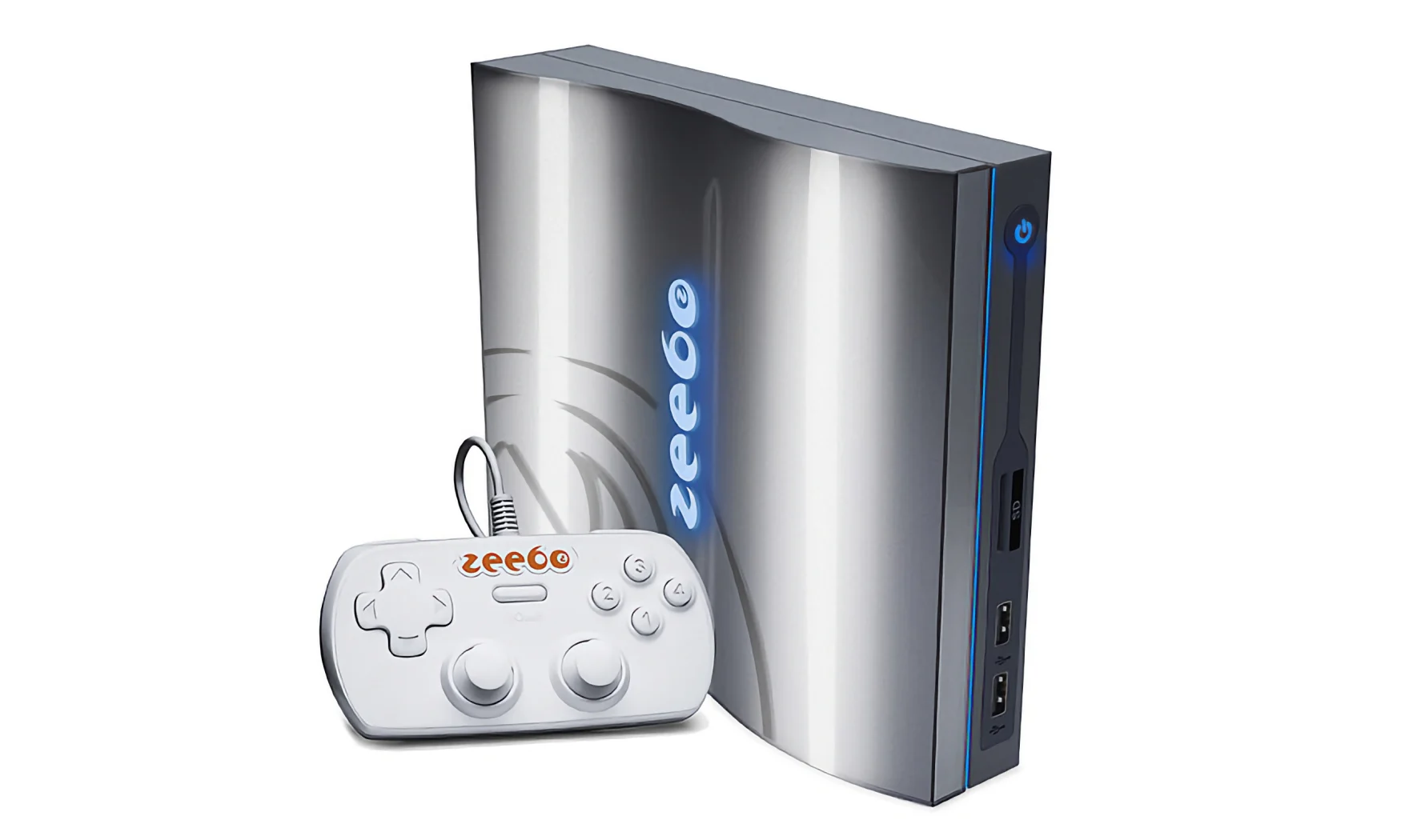 Archival marketing image of the Zeebo gaming console. The dark gray console has curves and somewhat resembles a PS3 Slim. Its controller is white and rectangular with an orange 
