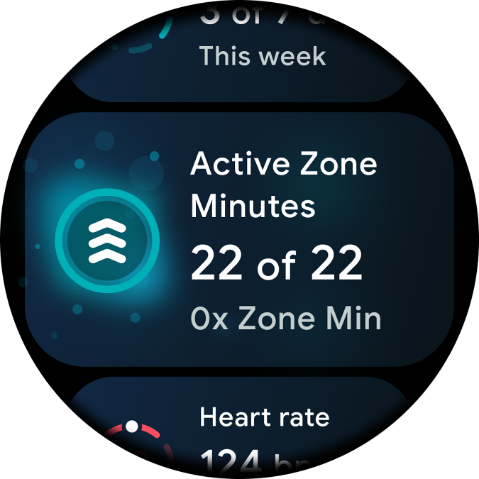 Google Wear OS 2021 Fitbit app. A screenshot of the Fitbit app for the new Wear OS, showing the Active Zone minutes box.