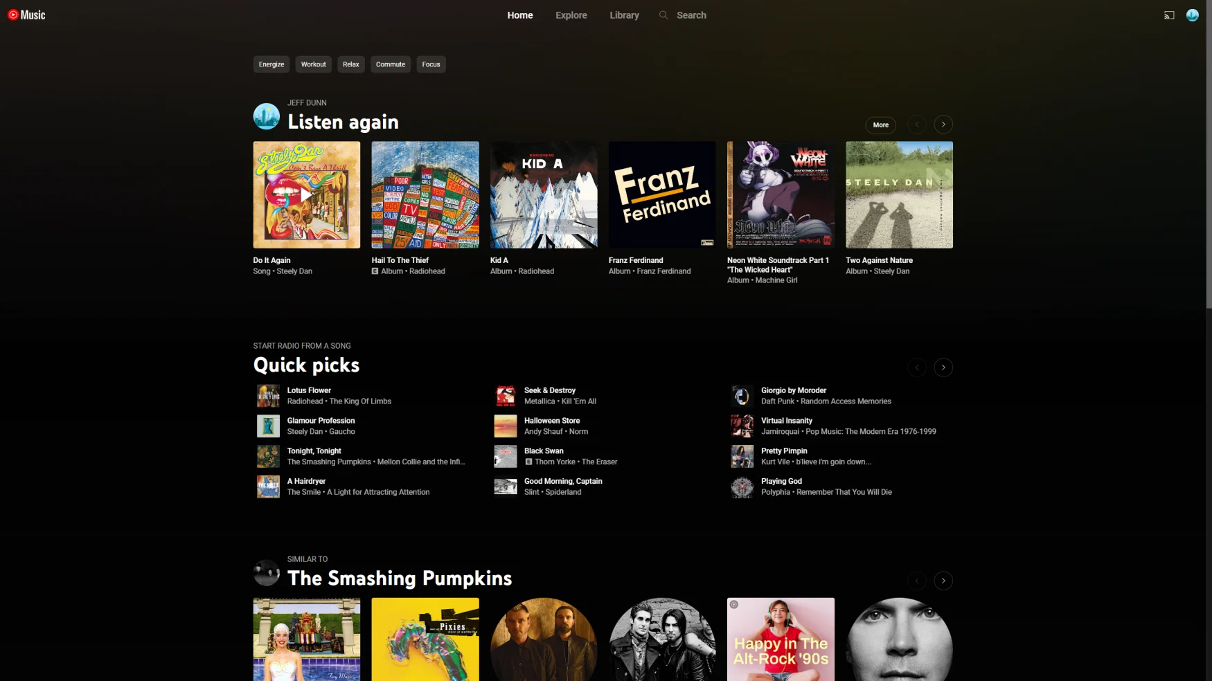 A screenshot of the YouTube Music app on web browsers.