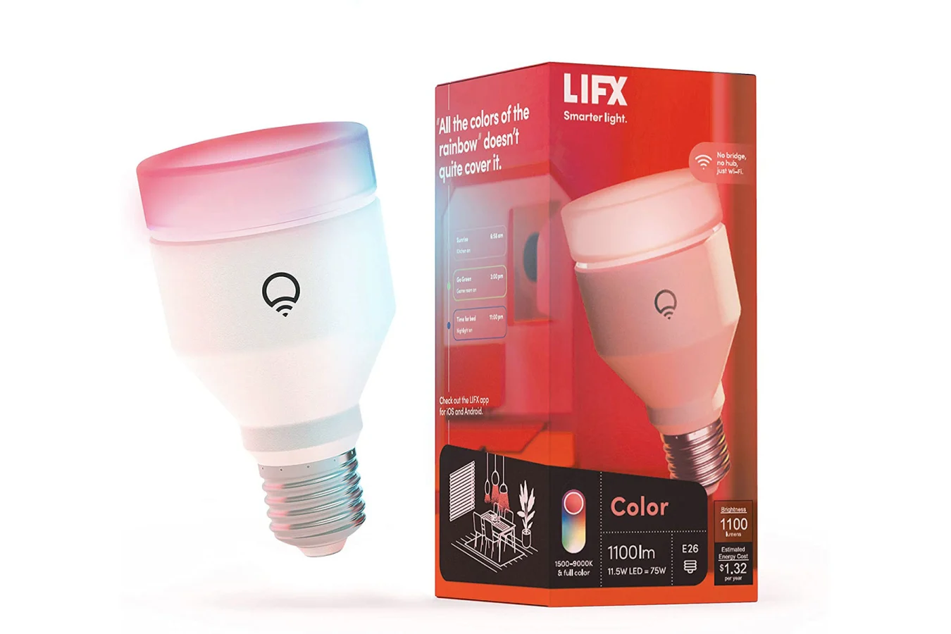 LIFX's Color E26 smart light bulb outside of its box on a white background.