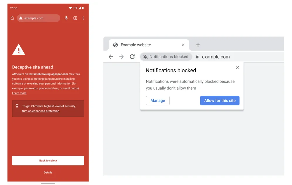 Google Chrome site warnings and blocked notifications