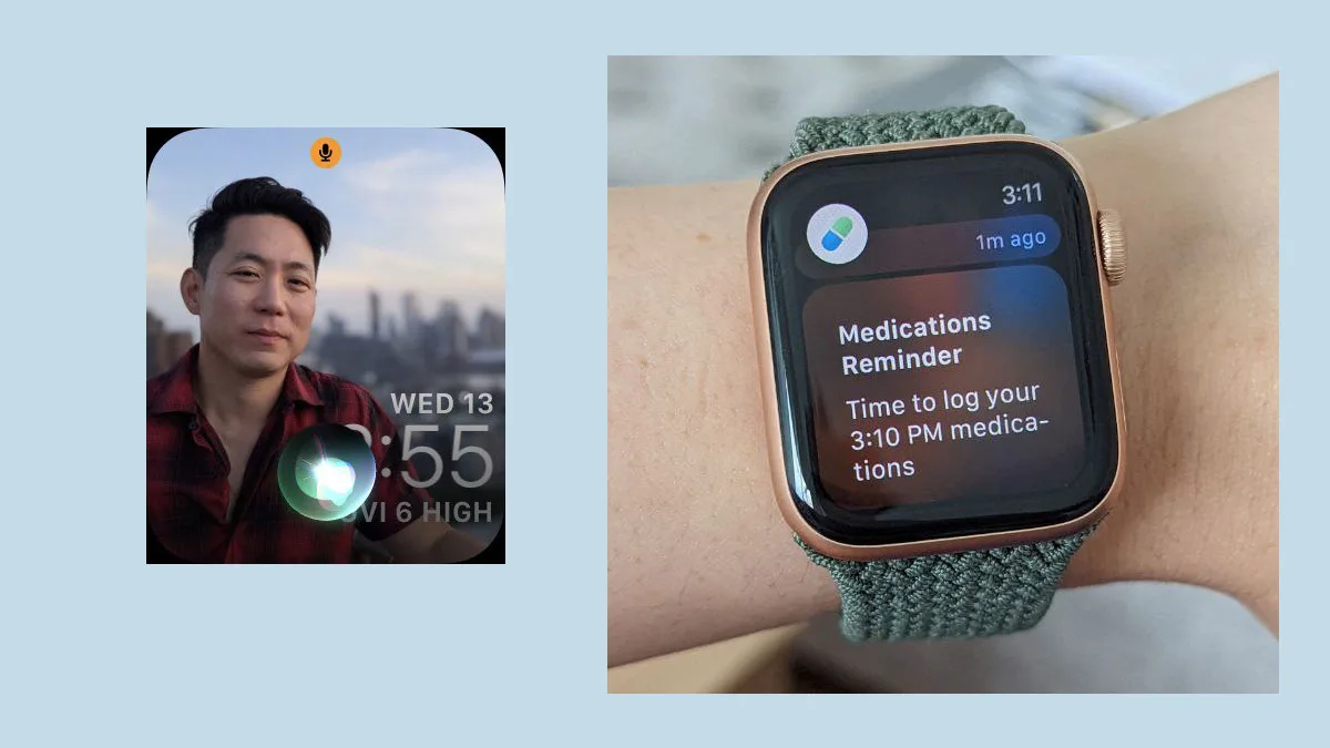 A screenshot and a picture showing, from left to right, a Siri symbol floating on the watchOS 9 home screen, and a Medications reminder.