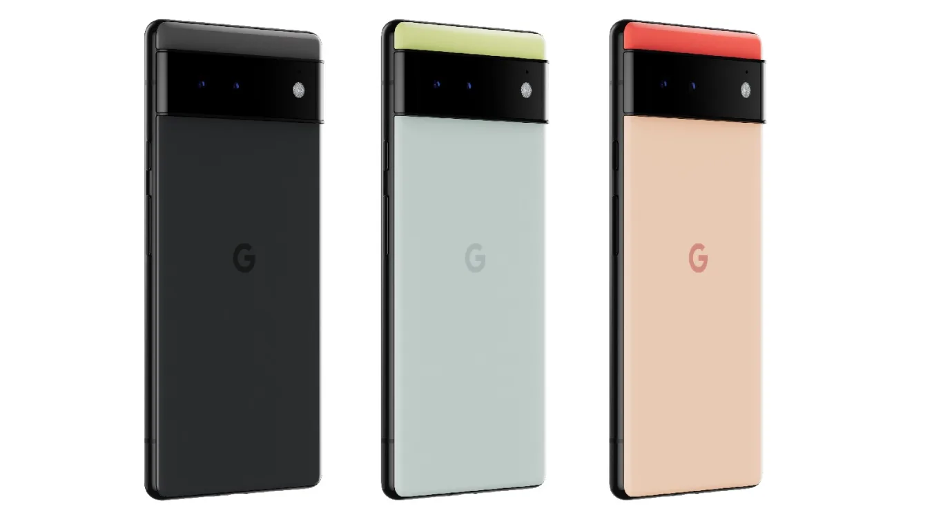 Three Pixel 6 phones. From left to right, their color schemes are black/black, green/blue and red/peach.