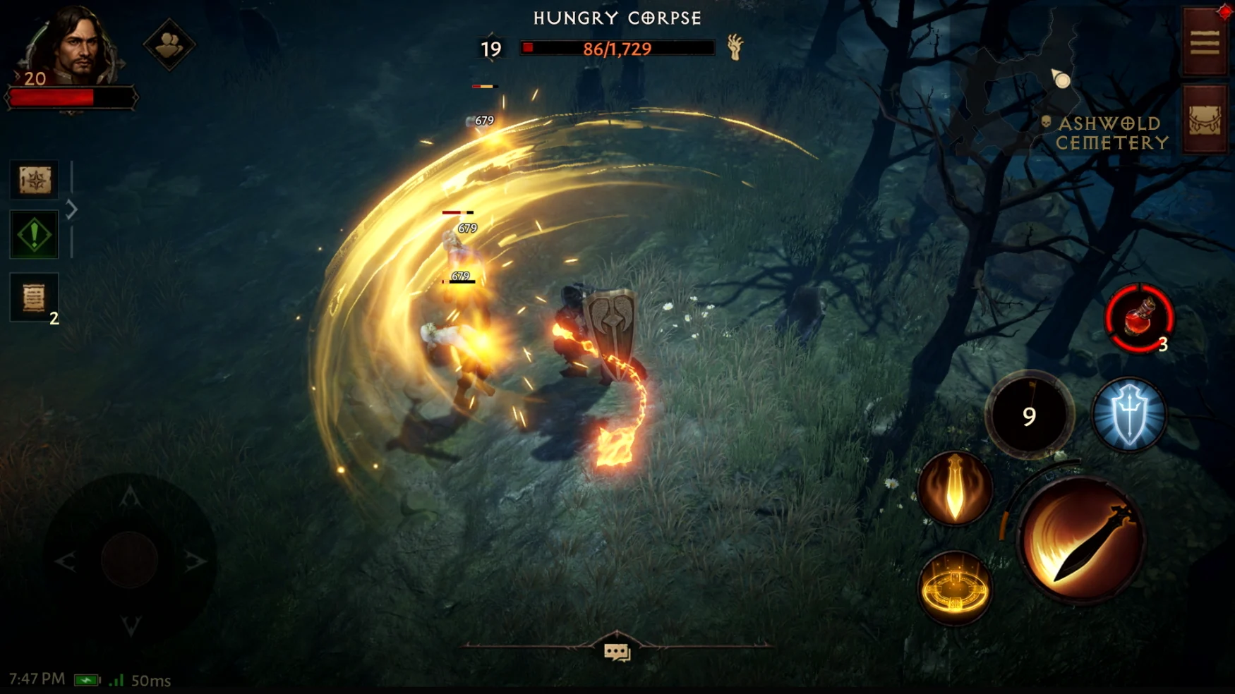 Screenshot of Crusader class using his abilities to slay zombies in the game's Ashwold Cemetery zone.