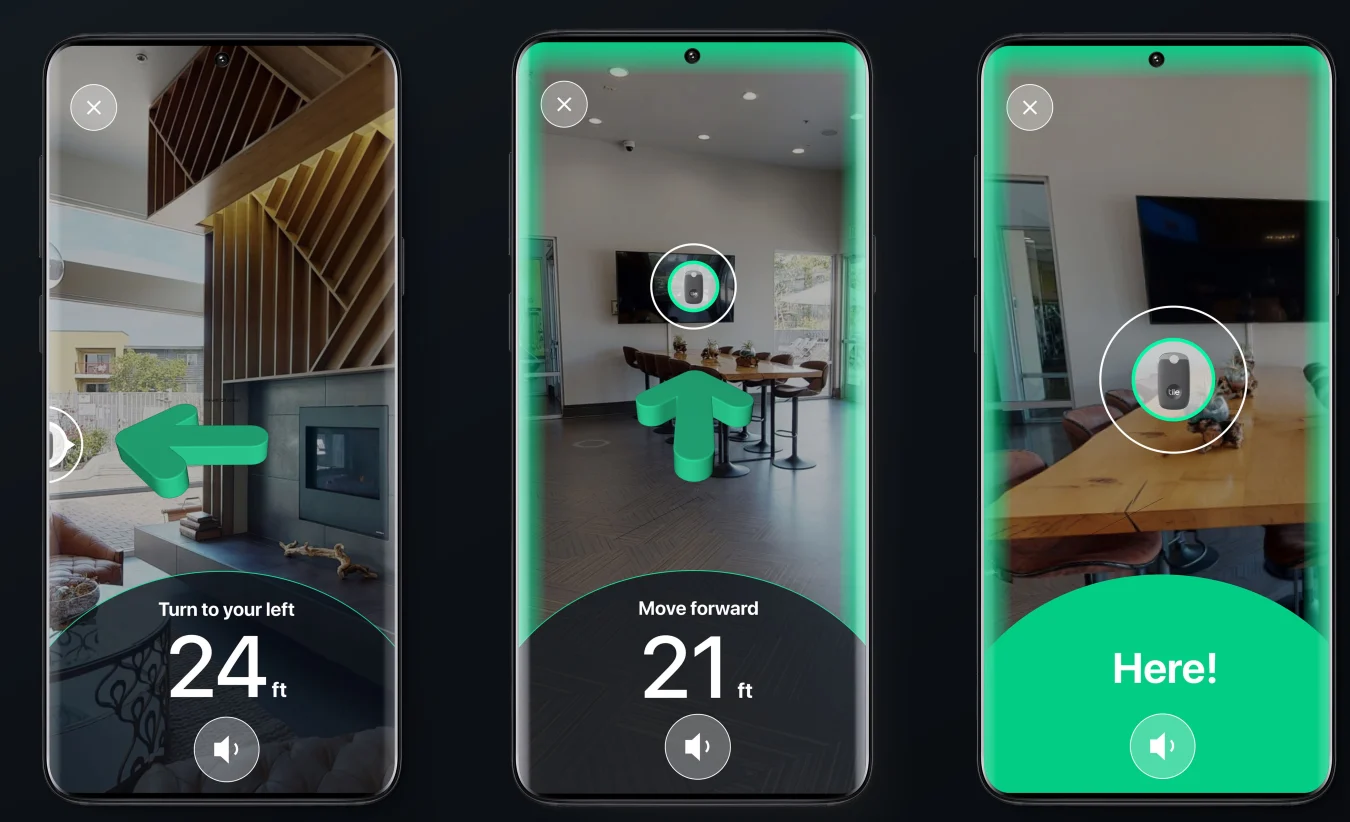 Tile Ultra's augmented reality experience for finding lost items. The screenshots offer visual indications of where to turn and move to in order to find the tracker.