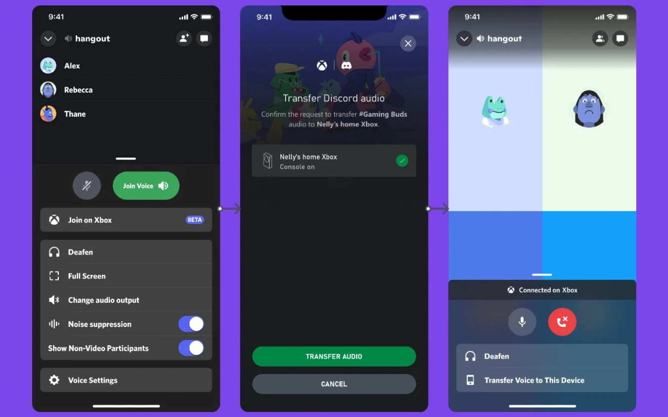 Screenshots detailing the process for transferring Discord voice chats to an Xbox console. The user must first join a voice channel and then select 