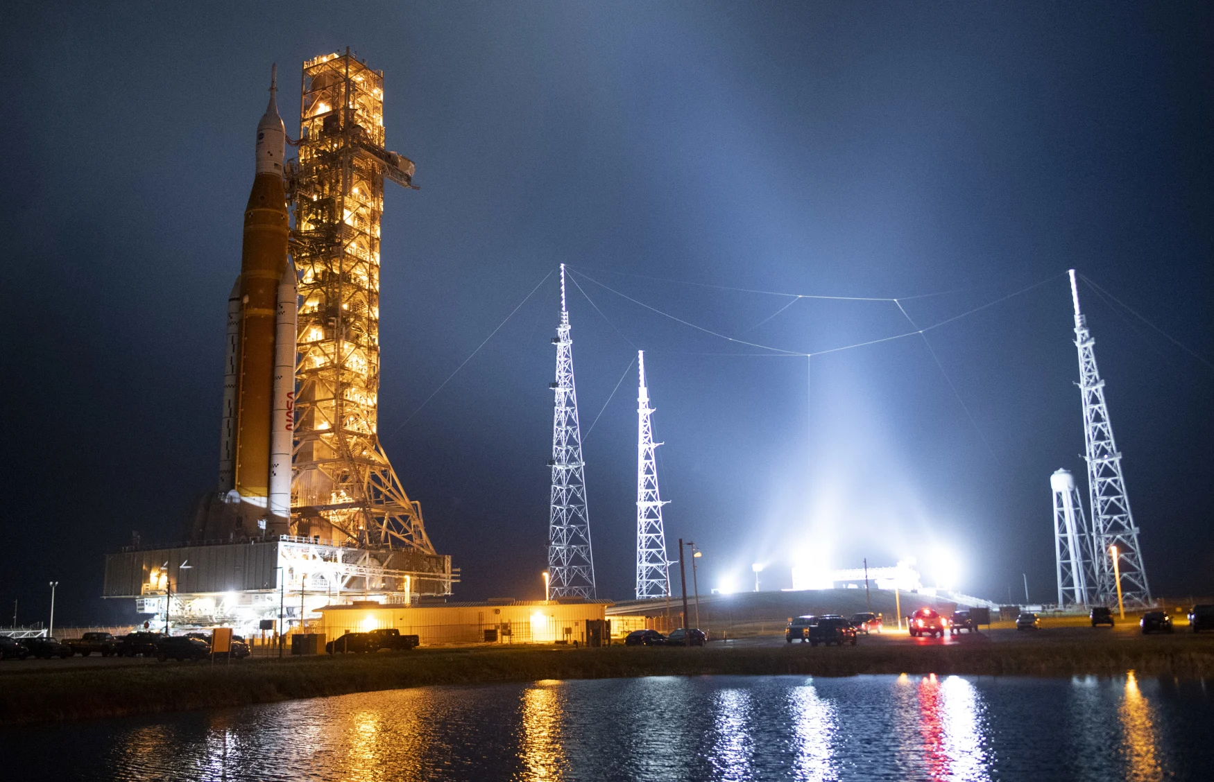 CAPE CANAVERAL, FL - NOVEMBER 3: In this handout photo provided by NASA, NASAs Space Launch System (SLS) rocket with the Orion spacecraft aboard is seen atop the mobile launcher as Crawler Transporter-2 (CT-2) begins to climb the ramp at Launch Pad 39B at NASAs Kennedy Space Center on November 3, 2022 in Cape Canaveral, Florida. NASA's Artemis I mission is the first integrated test of the agency's deep space exploration systems: the Orion spacecraft, SLS rocket, and supporting ground systems. Launch of the uncrewed flight test is targeted for November 14 at 12:07 a.m. EST. (Photo by Joel Kowsky/NASA via Getty Images)