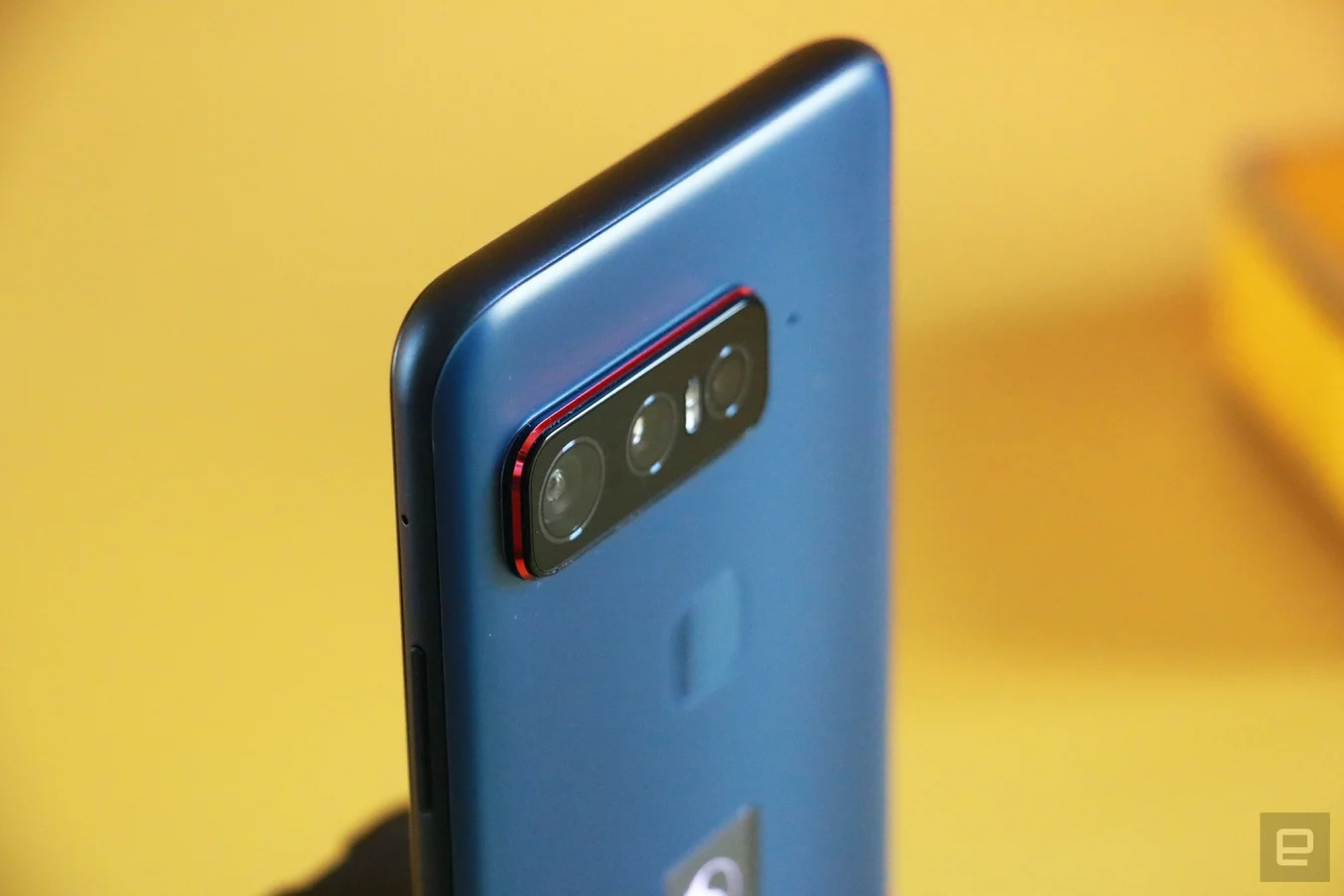 A close up view of the Smartphone for Snapdragon Insiders' three rear cameras at an angle. 