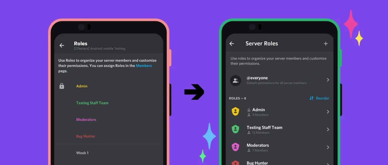 Comparison screenshot showing Discord's new Android interface. The new UI more broadly aligns with its iOS counterpart thanks to Discord's move to React Native. 