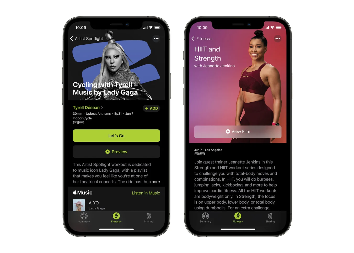 Apple Fitness+. Two phones each featuring screenshots of the new updates. On the left is the Artist Spotlight featuring 