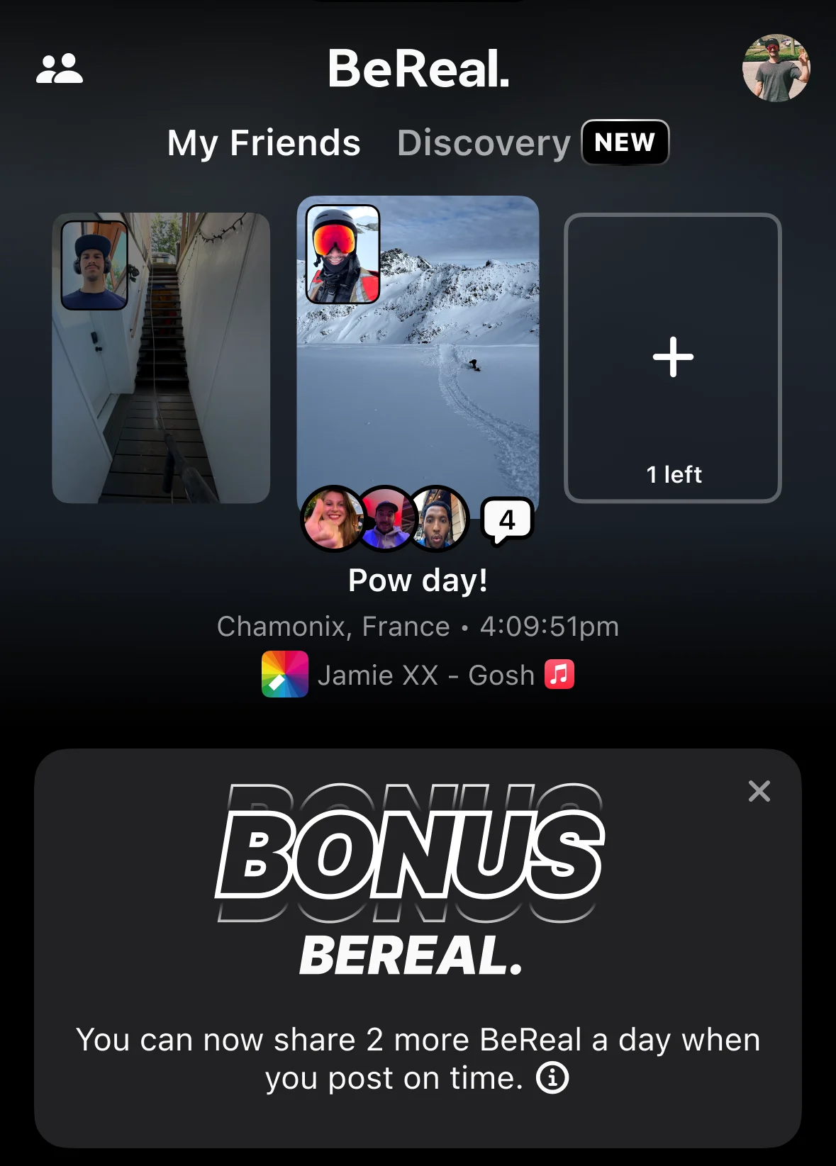 A screenshot of BeReal, highlighting a new feature that allows users to share more than one post per day.