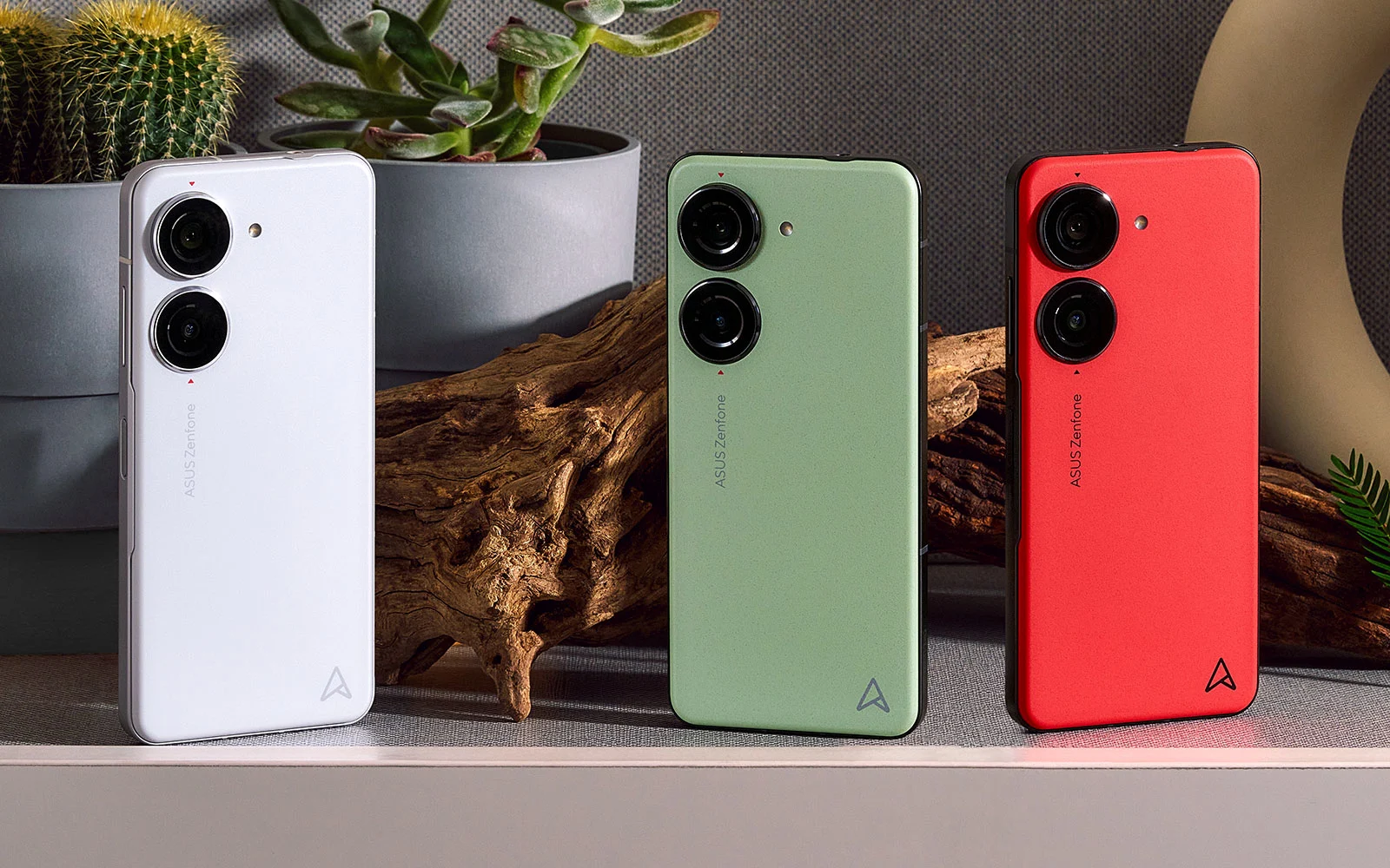 ASUS Zenfone 10 in white, green and red.