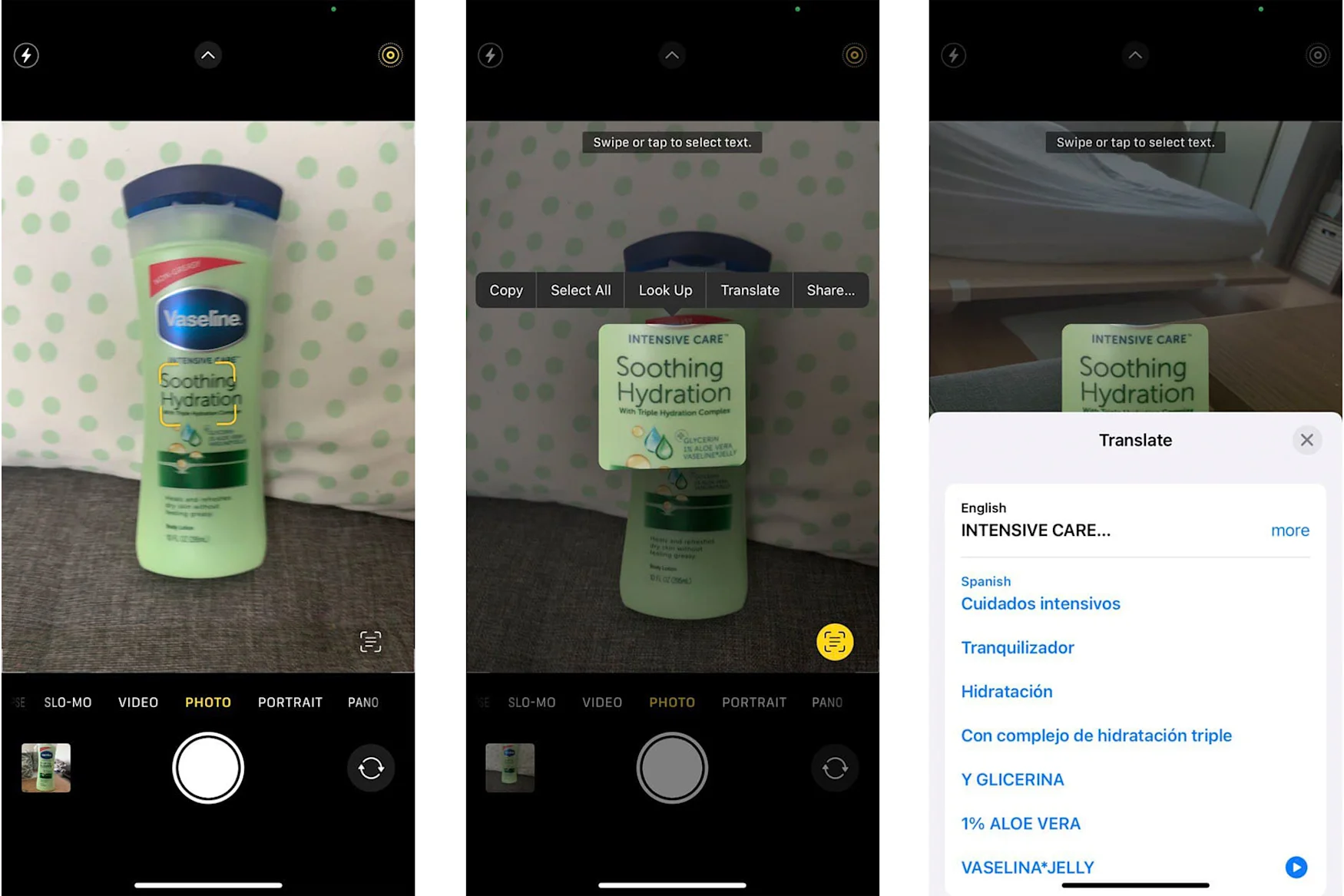 A composite showing three screenshots of Apple's Live Text feature through the viewfinder in the Camera app in the iOS 15 beta. The left screenshot shows a small yellow frame focused on the middle of a bottle of green moisturizer, the middle screenshot shows the middle part of the bottle highlighted with options above it for