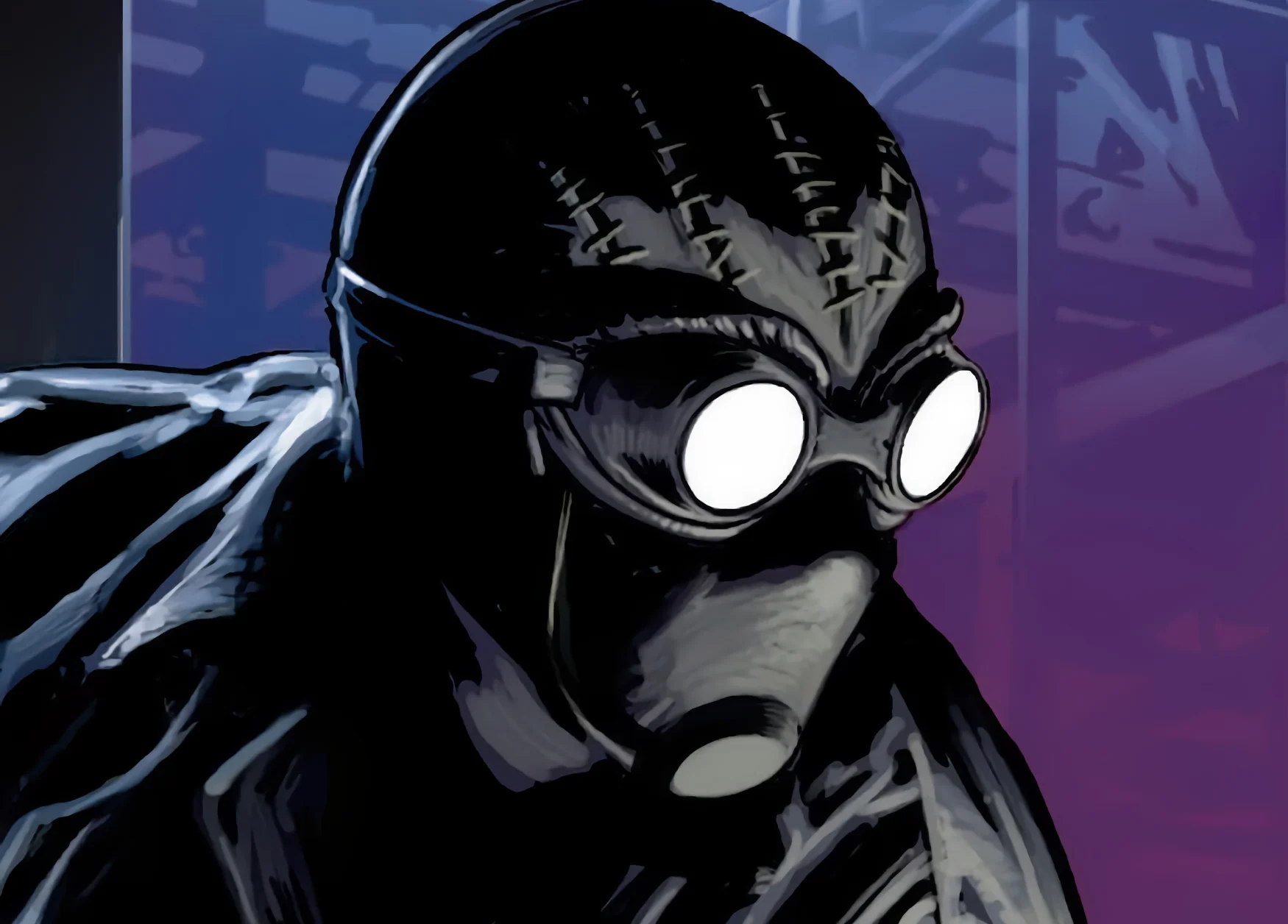 Shadowy closeup comic art of the character Spider-Man Noir with a purple background