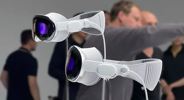 A pair of Vision Pro headsets on display at WWDC 2023.