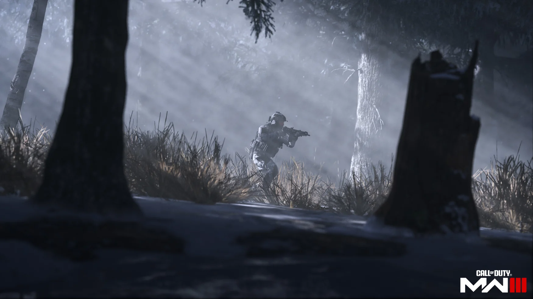 A soldier walks through some woods in Call of Duty: Modern Warfare III's campaign mode.