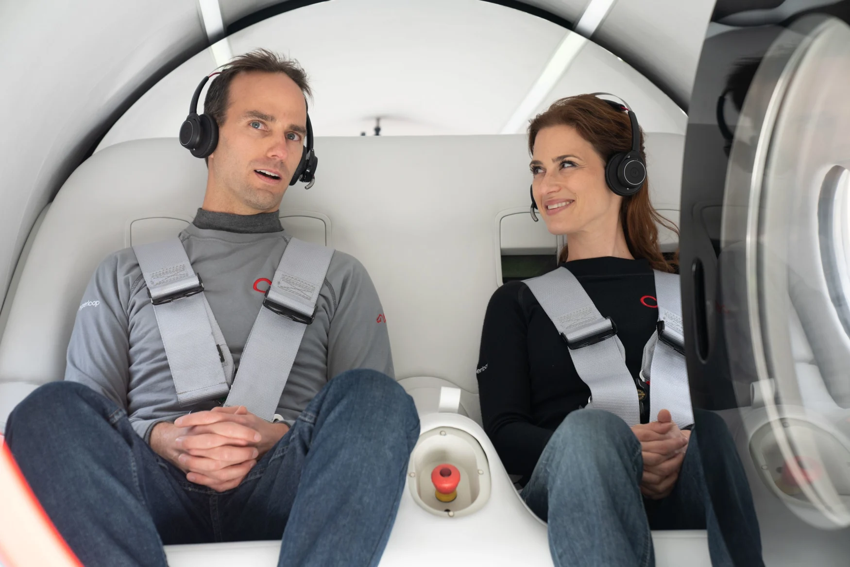 Josh Giegel and Sara Luchian travel in the first crewed Hyperloop pod test