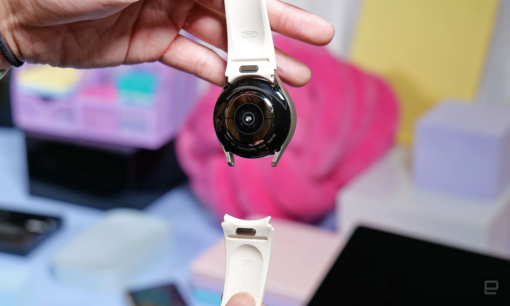 The back view of the Galaxy Watch 6, with its bottom strap detached.