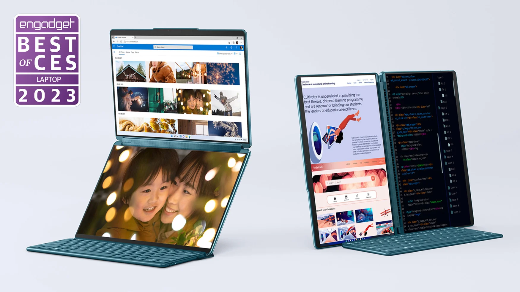 Two of the Lenovo YogaBook 9i dual-screen laptop/tablet hydrid sit open in a light grey void, one with the screens stacked vertically and the other with them side-by-side.