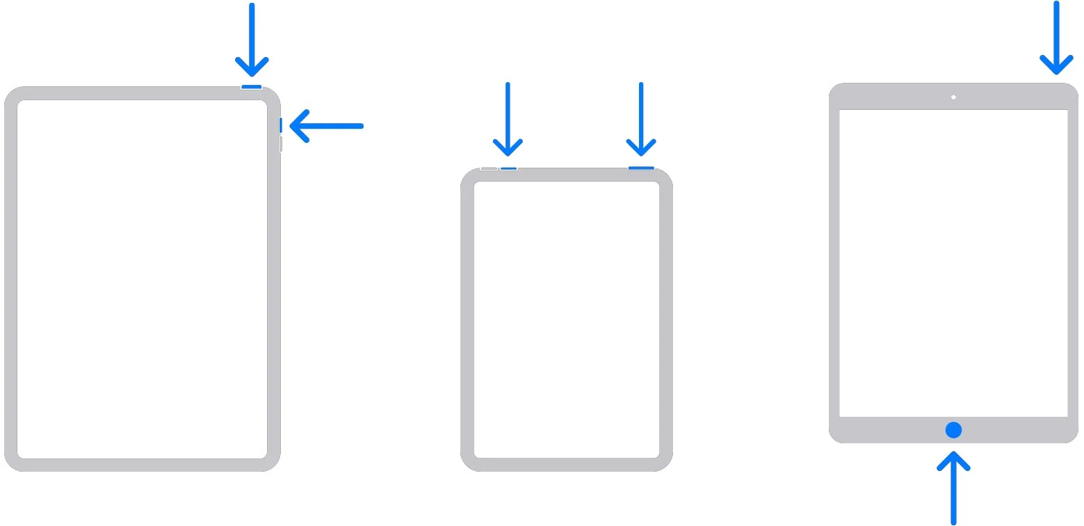 A series of photos displaying how to take a screenshot on various iPad models.